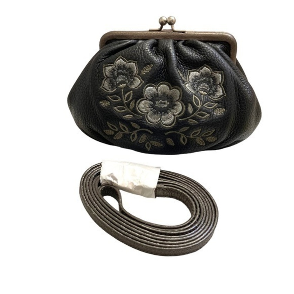 Brighton black leather embroidered kisslock clutch crossbody bag